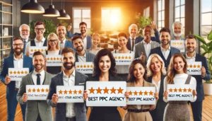 A collage of happy business professionals from various industries, holding signs with five-star reviews, highlighting client testimonials and showcasing the best PPC agency in the UK, PPC Geeks.