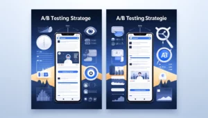 Facebook Ads Guide: Optimising Your Facebook Ad Campaigns with A/B Testing Strategies. Two variations of Facebook ads side by side, showcasing different visuals, text, and CTA buttons. Background includes data analysis graphics, charts, and a magnifying glass symbolising optimisation.