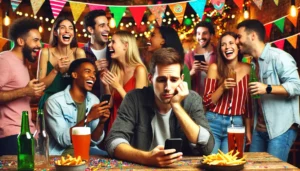 A diverse group of people at a lively social event, some laughing and chatting, while one person looks at their phone with a concerned expression, feeling the effects of FOMO.