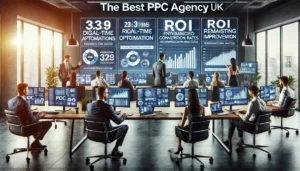 A sleek, modern office environment showcasing the best PPC agency in the UK, where a team of digital marketing professionals is engaged in real-time optimisation of PPC campaigns, focusing on ROI maximisation.