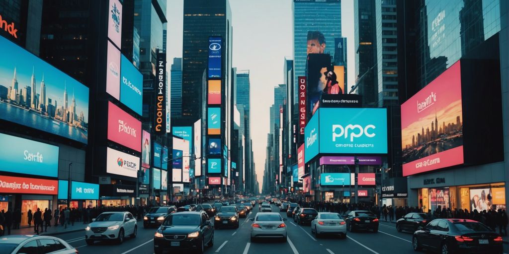 What Is The Future of PPC? A busy city street with numerous digital billboards displaying PPC advertisements.