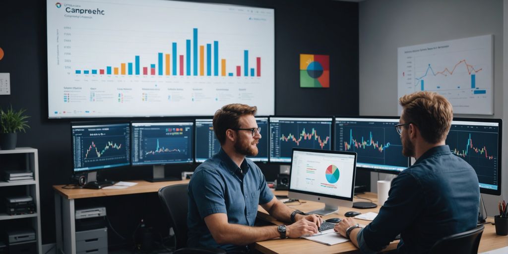 Two digital marketing professionals from the best PPC agency in the UK discussing data analytics in a modern office setting with multiple screens displaying graphs and charts.