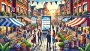 A vibrant local UK market scene with diverse crowds and business owners engaging with customers, highlighting winning PPC campaigns for UK brands using geo-targeting strategies.