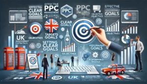 Effective PPC Management Strategies illustration showing goal-setting for PPC campaigns, including targets, objectives, and performance metrics, with UK-specific elements like the British flag and landmarks.