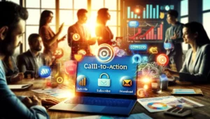  Vibrant digital marketing scene showing a laptop screen with various call-to-action buttons such as Subscribe, Download, and Buy Now. Marketers discuss strategies with charts and graphs in the background. CTA formula.
