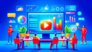 A vibrant digital marketing scene illustrating CPV (Cost Per View) advertising, featuring a computer screen displaying a video ad with metrics and graphs indicating viewer interaction. Advertisers and marketers analyse the data, optimising their budget and targeting a specific audience.