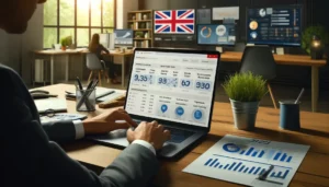  PPC Strategies for Small Businesses in the UK: A digital marketer analyzing PPC campaign performance on a laptop, displaying graphs, charts, and data related to click-through rates, conversion rates, and cost per conversion.