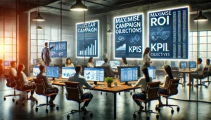 A modern office environment with a team of PPC specialists working on campaign strategies, illustrating how UK PPC ad agencies identify profitable audiences to maximise ROI.