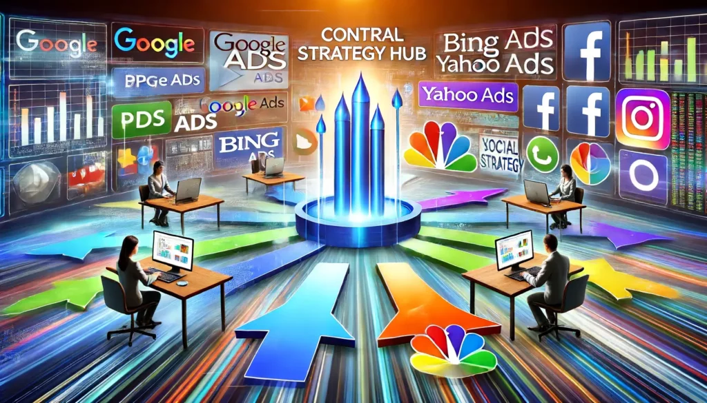 Marketers leveraging Beyond Google Ads for multi-channel PPC strategies, depicted with various platforms like Bing, Yahoo, and social media.