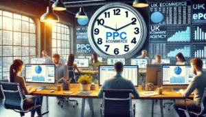 A busy eCommerce office with professionals working on computers, analyzing PPC campaigns on multiple screens at a UK PPC ecommerce agency, emphasizing time-saving with a prominently displayed clock.