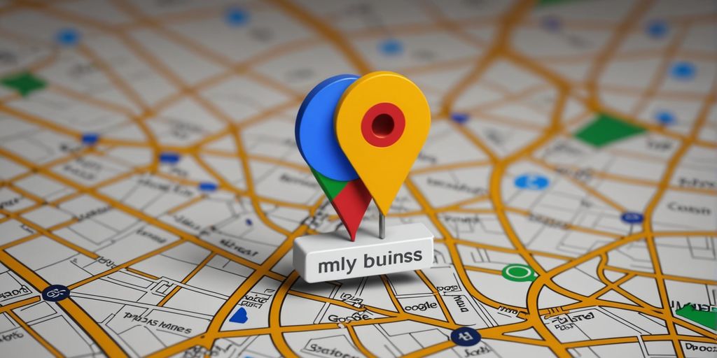 Google Maps pin with the text "my business" on a detailed map background, emphasising local business presence.