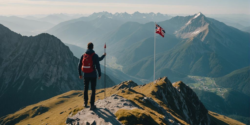 A hiker with a red backpack stands on a mountain peak, holding a hiking pole, gazing at a flag planted on the summit with a scenic view of mountain ranges in the background.