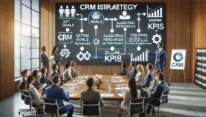 A professional business meeting room with executives discussing a CRM strategy, highlighting the steps for successful CRM implementation.