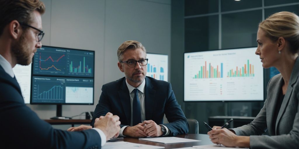 Three business professionals engaged in a serious discussion, with performance metrics displayed on screens in the background.