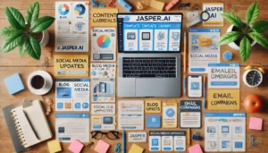 A creative workspace featuring a laptop with Jasper.ai's template library, surrounded by content materials like blog posts, social media updates, and email campaigns, showcasing the versatility of Jasper.ai.