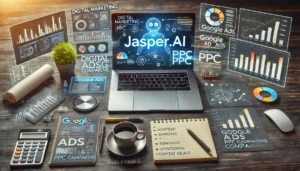 A dynamic digital marketing workspace with Jasper.ai on a laptop screen, surrounded by graphs, charts, and marketing campaign visuals, illustrating tools for Google ads PPC campaigns.