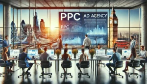 A team of diverse professionals working on PPC advertising strategies in a modern London office, with large monitors displaying graphs and analytics, and iconic London landmarks visible through the windows, showcasing the dynamic nature of a PPC ad agency.