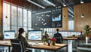 Tracking progress and staying updated with Asana, the image shows a modern office with professionals monitoring project progress on a large screen displaying Asana's Gantt charts and task boards.