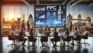 A team of professionals collaborating on PPC advertising strategies in a sleek London office, with advanced analytics displayed on large screens and the iconic London skyline visible through the windows, showcasing the capabilities of a PPC ad agency in London.