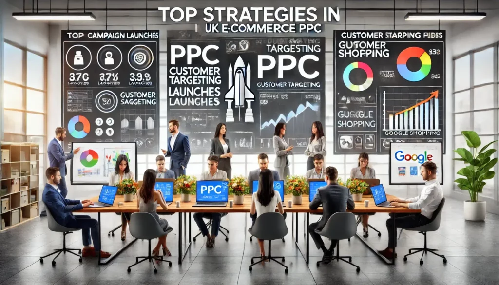 Top Strategies in eCommerce PPC. A diverse team of digital marketers in a modern office, focusing on PPC campaign launches, customer targeting analytics, and Google Shopping visuals, reflecting the competitive UK e-commerce market.