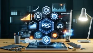 An image illustrating the factors influencing PPC costs with a digital marketing dashboard showing PPC performance metrics, surrounded by icons of competitiveness, ad quality, and landing page effectiveness.