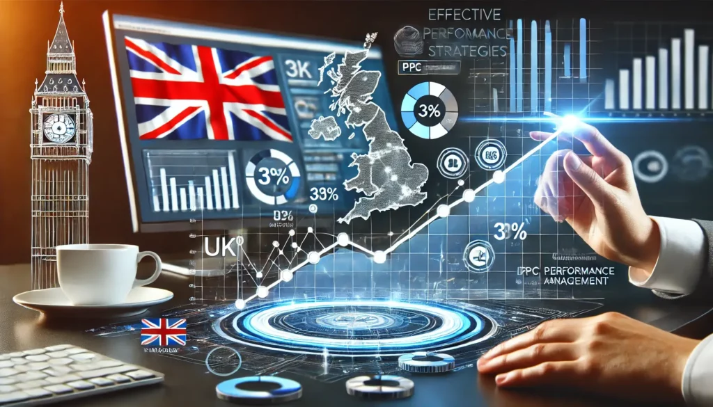 Effective PPC Management Strategies illustration showing increasing performance metrics on a graph, with UK-specific elements like the British flag and landmarks in the background, highlighting the importance of data-driven strategies.