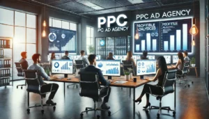  A team of professionals at a UK-based PPC ad agency working on computers, analysing data and charts on large screens, showcasing how UK PPC ad agencies identify profitable audiences.