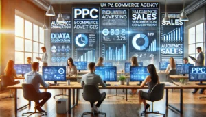 A professional office setting with a team working on PPC campaigns at a UK PPC ecommerce agency, showcasing targeted advertising techniques on screens displaying data analysis, audience segmentation, and conversion rates.