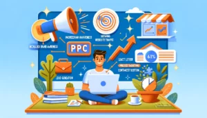 Digital illustration showcasing the advantages of PPC for small businesses, with icons for increased brand awareness, website traffic, lead generation, and eCommerce sales, emphasizing precise targeting and a statistic showing 61% effectiveness, asking are PPC ads worth it.