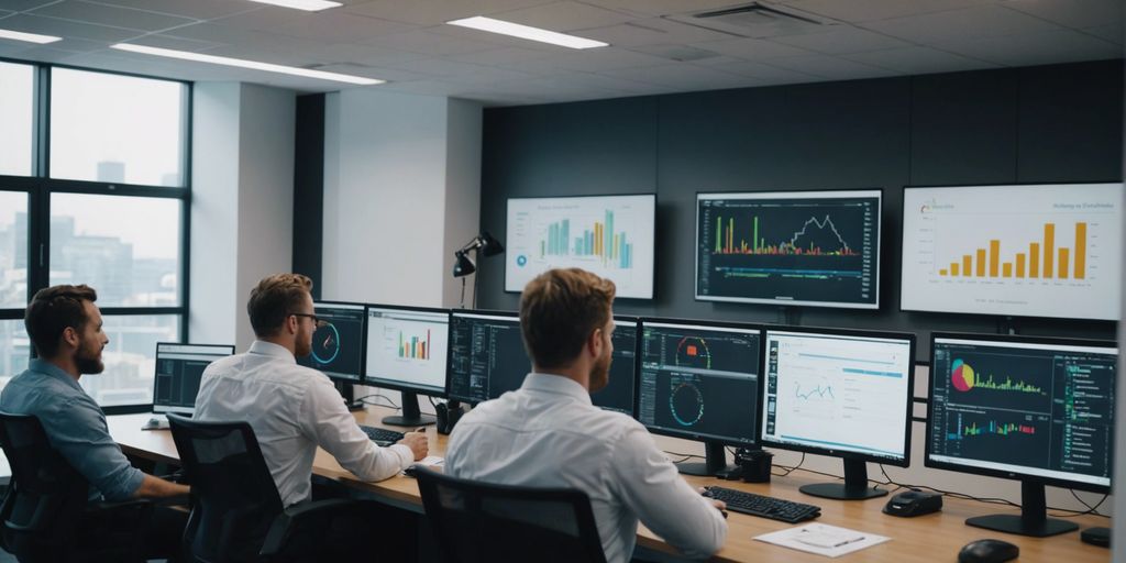 Behind the scenes of digital advertising mastery, digital marketers are seen working in a modern office, closely monitoring analytics and performance metrics on multiple screens to optimise campaigns.