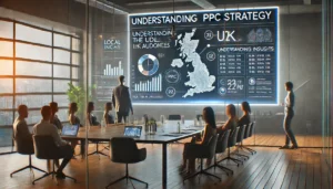 A digital marketing strategist presenting expert PPC tips on a comprehensive PPC strategy for the UK market on a large screen. The screen shows charts, graphs, and key points related to understanding the UK audience.