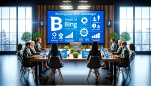 Innovative Approaches to PPC in a professional digital marketing environment highlighting the importance of Bing, with screens showing Bing's logo, demographic data, and cost-effective advertising metrics.
