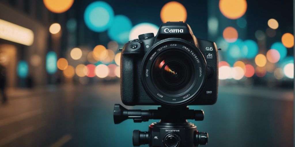 A DSLR camera focused on the lens with a bokeh background, showcasing Canva's ability to enhance visual content through high-quality imagery.