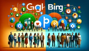 Google Ads vs Bing Ads comparison showing audience reach and demographics. Google Ads depicted with a large, diverse group including younger users, and Bing Ads with a smaller group of older, affluent users.