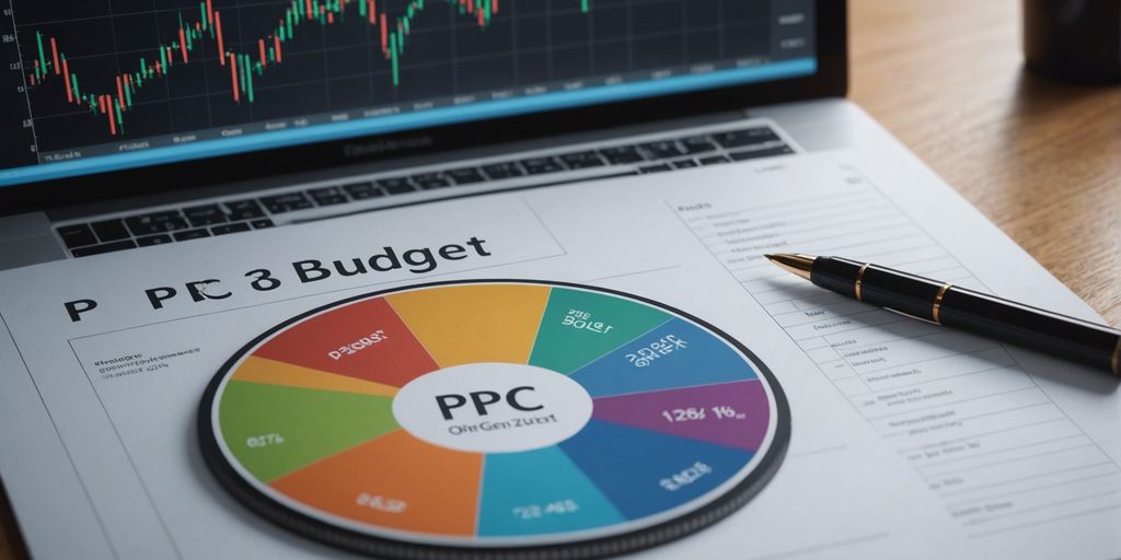 Mastering PPC Budgets concept with a laptop showing a graph, a pie chart labeled PPC budget, and a pen on a desk, illustrating budget planning and analysis.