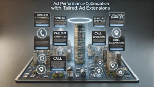 Digital advertising interface showcasing ad performance optimisation with tailored ad extensions like sitelink, callout, structured snippets, call, and location extensions.