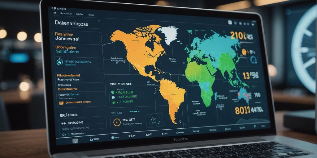 Laptop screen displaying a world map with PPC performance metrics, showcasing cutting-edge PPC strategies and real-time data analytics.