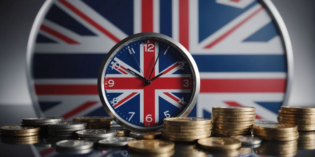 A clock with a Union Jack design surrounded by stacks of coins, symbolizing the value of time and money for a UK PPC ecommerce agency.