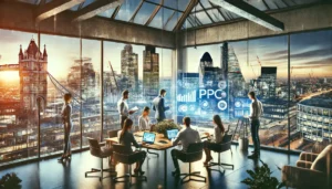 A team of professionals working on a PPC campaign in a modern London office, highlighting the strategic advantage of hiring a PPC agency in London.