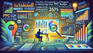 A person engaged in PPC budget optimization, analyzing a digital marketing dashboard with real-time data, graphs, charts, and analytics tools.