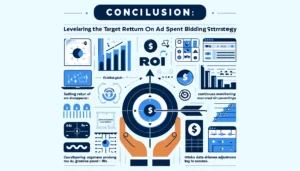 An informative image summarizing the conclusion on leveraging the tROAS (Target Return on Ad Spend) bidding strategy. The image features charts, upward arrows, dollar signs to represent profitability and efficiency, a Google Ads interface, targets, and data graphs depicting monitoring and adjustments. Text labels include Conclusion, tROAS Strategy, Maximize ROI, Continuous Monitoring, and Data-Driven Adjustments.