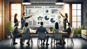 A team of business professionals, including men and women, discussing and pointing at a whiteboard and digital screen displaying charts and graphs related to business goals and PPC strategy in a modern office setting. 