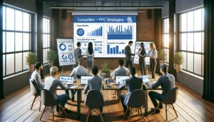A team of business professionals, including men and women, analyzing competitor data on a large screen displaying charts and graphs related to PPC strategies in a modern office setting.