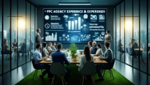 A team of business professionals in a modern office setting, evaluating a PPC agency's experience and expertise. They are discussing key metrics, testimonials, and case studies displayed on a large screen. 