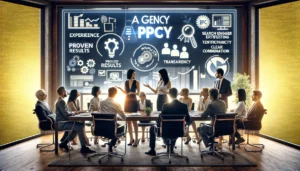 A diverse team of business professionals in a modern office setting discussing PPC agency selection. They are reviewing key factors such as industry expertise, proven results, search engine certifications, transparency, and clear communication, displayed on a large screen.