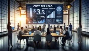 Business professionals in a modern office setting leveraging data analytics to optimize Cost Per Lead (CPL). A large screen displays detailed analytics from tools like Google AdWords PPC, charts, graphs, and performance metrics.