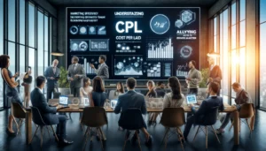 Business professionals in a modern office setting focused on understanding and optimizing Cost Per Lead (CPL). They analyze CPL metrics displayed on a large screen, using laptops, tablets, and documents.