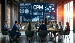 Business professionals in a modern office setting discussing digital advertising strategies focused on Cost Per Mille (CPM). A large screen displays CPM metrics, charts, and graphs with keywords like "Brand Awareness," "Visibility," and "CPM."