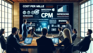 Business professionals in a modern office setting discussing the fundamentals of Cost Per Mille (CPM) in digital advertising. A large screen displays definitions, key concepts, and charts related to CPM, with keywords like "Cost Per Mille," "Impressions," and "Brand Visibility."
