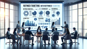 Business professionals in a modern office setting discussing strategies to optimize CPM advertising with refined targeting techniques. A large screen displays targeting metrics, charts, and graphs with keywords like "Refined Targeting," "Demographics," "Interests," and "Behavior."